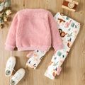2pcs Toddler Girl Playful Bear Embroidered Polar Fleece Sweatshirt and Bows Design Leggings Set Pink image 2