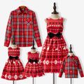 Christmas Family Matching Allover Print Bow Front Red A-line Tank Dresses and Long-sleeve Plaid Shirts Sets Red image 1