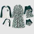 Family Matching Allover Green Print Belted Dresses and Ribbed Colorblock Raglan-sleeve T-shirts Sets blackishgreen image 1