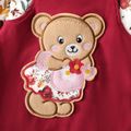 2pcs Toddler Girl Playful Floral Print Tee and Bear Embroidered Adjustable Overall Dress Set Burgundy image 4