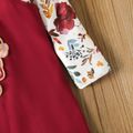 2pcs Toddler Girl Playful Floral Print Tee and Bear Embroidered Adjustable Overall Dress Set Burgundy image 5