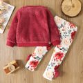 2pcs Toddler Girl Playful Bear Embroidered Fleece Sweatshirt and Floral Print Bows Decor Leggings Set Hot Pink image 2