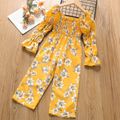 Toddler Girl Elegant Floral Print Smocked Square Neck Long-sleeve Jumsuits Yellow image 1