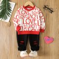 2pcs Toddler Boy Valentine'd Day Letter Print Sweatshirt and Ripped Pants Set Red image 1