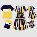 Family Matching 95% Cotton Colorblock T-shirts and Allover Geo Print Notched Neck Short-sleeve Belted Dresses Sets ColorBlock image 1