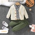 3pcs Baby Boy Long-sleeve Cardigan Sweater and Plaid Shirt with Solid Carrot Pants Set White image 1