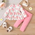 2pcs Baby Girl 95% Cotton Solid Pants and Allover Floral Print Long-sleeve Top Set Pink image 2