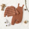 100% Cotton 2pcs Baby Boy/Girl Brown Striped Long-sleeve Button Knitted Cardigan and Overalls Set Brown image 4