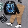 2pcs Kid Boy Tiger Print Black Sweatshirt and Elasticized Pants Set Black image 1
