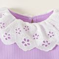 3pcs Baby Girl Ruffle Collar Long-sleeve Rib Knit Romper and Allover Butterfly Print Skirt with Headband Set Purple image 5