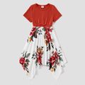 Family Matching Solid Spliced Floral Print Asymmetric Hem Drawstring Dresses and Short-sleeve Colorblock T-shirts Sets Dullorange image 5