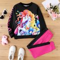 2pcs Kid Girl Unicorn Print Pullover Sweatshirt and Colorblock Pants Set Black image 1