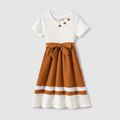 Mommy and Me Two Tone Rib Knit V Neck Short-sleeve Belted Midi Dresses Coffee image 3