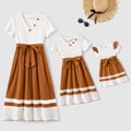 Mommy and Me Two Tone Rib Knit V Neck Short-sleeve Belted Midi Dresses Coffee image 1