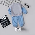 2pcs Baby Boy Dinosaur & Letter Print Colorblock Long-sleeve Sweatshirt and Solid Sweatpants Set Blue image 2