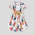 Family Matching Cotton Colorblock T-shirts and Allover Floral Print Short-sleeve Belted Dresses Sets Khaki image 3