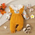 2pcs Baby Girl Ruffle Collar Floral Print Long-sleeve Waffle Jumpsuit with Headband Set Ginger-2 image 1