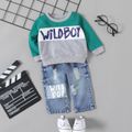 2pcs Baby Boy Letter Print Long-sleeve Colorblock Sweatshirt and Ripped Jeans Set Blue image 1