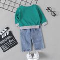 2pcs Baby Boy Letter Print Long-sleeve Colorblock Sweatshirt and Ripped Jeans Set Blue image 2