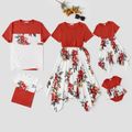 Family Matching Solid Spliced Floral Print Asymmetric Hem Drawstring Dresses and Short-sleeve Colorblock T-shirts Sets Dullorange image 1