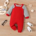 Baby Boy/Girl Bear Embroidered Waffle Faux-two Striped Long-sleeve Jumpsuit Red image 2