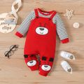 Baby Boy/Girl Bear Embroidered Waffle Faux-two Striped Long-sleeve Jumpsuit Red image 1