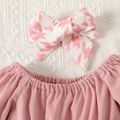 2pcs Baby Girl Pink Corduroy Spliced Houndstooth Bow Front Off Shoulder Long-sleeve Dress with Headband Set Pink image 3