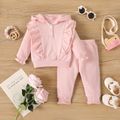 2pcs Baby Girl Pink Ruffle Trim Long-sleeve Hoodie and Pants Set Pink image 1