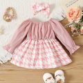 2pcs Baby Girl Pink Corduroy Spliced Houndstooth Bow Front Off Shoulder Long-sleeve Dress with Headband Set Pink image 2