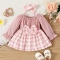 2pcs Baby Girl Pink Corduroy Spliced Houndstooth Bow Front Off Shoulder Long-sleeve Dress with Headband Set Pink image 1