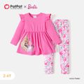 Barbie 2pcs Toddler Girl Character Print Ruffled Long-sleeve Tee and Allover Print Pants Set PinkyWhite image 1