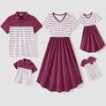 Family Matching Short-sleeve Striped Spliced Midi Dresses and Polo Shirts Sets purplewhite image 1