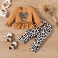 2pcs Baby Girl 95% Cotton Long-sleeve Ruffle Hem Top and Leopard Print Pants Set Brown image 1
