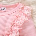 2pcs Baby Girl Long-sleeve Rib Knit Spliced Lace Ruffle Bow Front Floral Print Romper with Headband Set Pink image 4