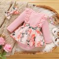 2pcs Baby Girl Long-sleeve Rib Knit Spliced Lace Ruffle Bow Front Floral Print Romper with Headband Set Pink image 2