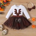 Thanksgiving Day 3pcs Baby Girl 95% Cotton Long-sleeve Embroidered Romper and Mesh Skirt with Headband Set Brown image 1