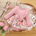 2pcs Baby Girl Long-sleeve Rib Knit Spliced Lace Ruffle Bow Front Floral Print Romper with Headband Set Pink image 1