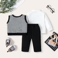 3-Pack Baby Boy Houndstooth Vest and Solid Long-sleeve Shirt with Pants Set BlackandWhite image 3