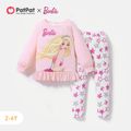 Barbie 2pcs Toddler Girl Ruffle Hem Long-sleeve Tee and Star Print Leggings Set Pink image 1