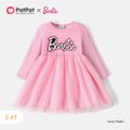 Barbie Toddler Girl Letter Print Cotton Mesh Splice Long-sleeve Pink Dress Pink image 2