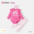 Barbie 3pcs Baby Girl 95% Cotton Ruffle Trim Long-sleeve Graphic Romper and Allover Letter Print Pants with Headband Set PinkyWhite image 1