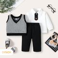 3-Pack Baby Boy Houndstooth Vest and Solid Long-sleeve Shirt with Pants Set BlackandWhite image 1