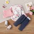 3-Pack Baby Girl Floral Print Long-sleeve Romper and Fuzzy Vest with Belted Jeans Set Pink image 2