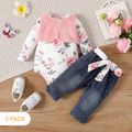 3-Pack Baby Girl Floral Print Long-sleeve Romper and Fuzzy Vest with Belted Jeans Set Pink image 3