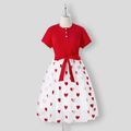 Family Matching Solid Spliced Allover Heart Embroidered Mesh Dresses and Short-sleeve Colorblock Ribbed T-shirts Sets Red image 3
