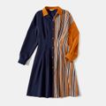 Family Matching Striped Colorblock Spliced Long-sleeve Dresses and Shirts Sets Chestnut image 2