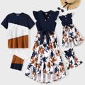 Family Matching Cotton Short-sleeve Colorblock Ribbed T-shirts and V Neck Flutter-sleeve Spliced Floral Print High Low Hem Dresses Sets royalblue image 1