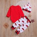 Christmas 3pcs Baby Boy/Girl 100% Cotton Long-sleeve Letter Print Romper and Allover Plaid Bear Graphic Pants with Hat Set Red image 4