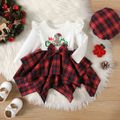Christmas 2pcs Baby Girl Ruffle Long-sleeve Letter Embroidered Spliced Red Plaid Bow Front Irregular Hem Dress with Beret Set White image 1
