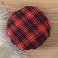Christmas 2pcs Baby Girl Ruffle Long-sleeve Letter Embroidered Spliced Red Plaid Bow Front Irregular Hem Dress with Beret Set White image 3
